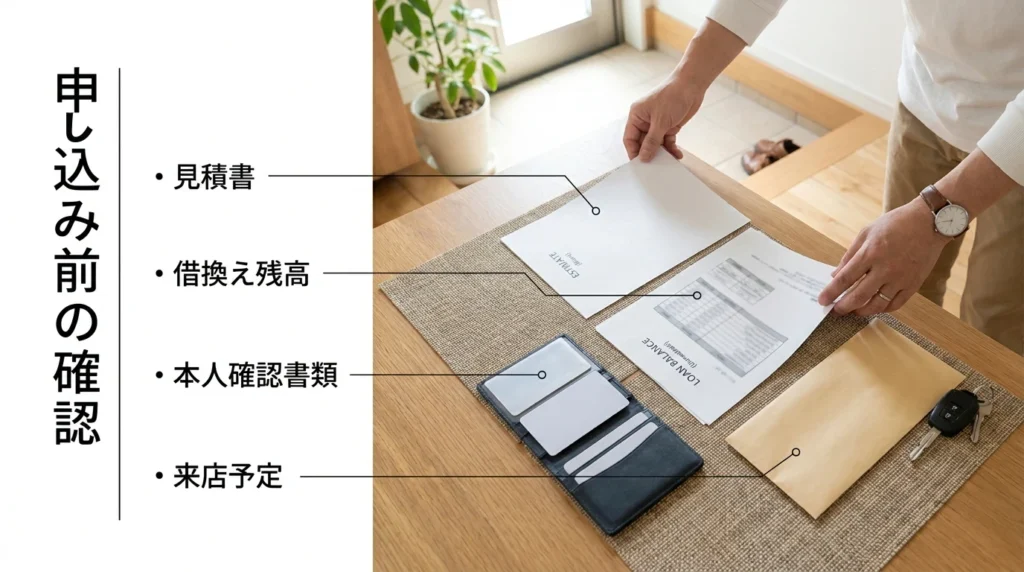見積書、借換え残高の資料、本人確認書類、車のキーをそろえて来店準備をする様子