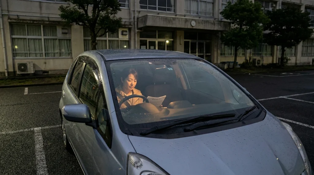 学校施設の職員用駐車場で車内の書類を確認する日本人女性