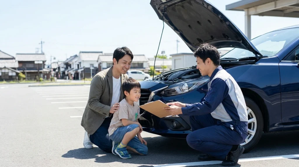 蔵の街を遠景にした屋外で紺色セダンを確認する日本人親子と整備担当者