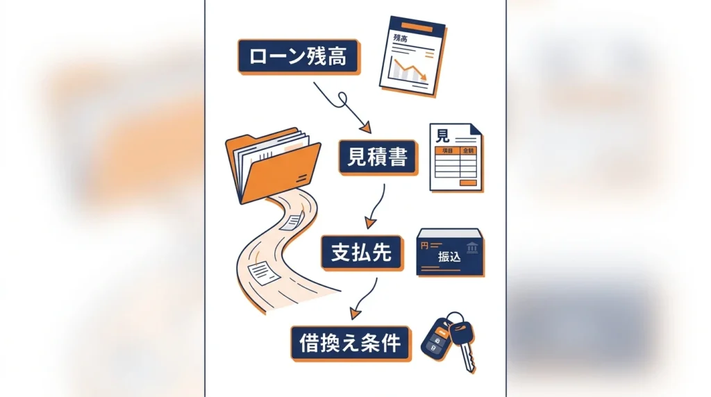 借換え残高、見積書、支払先を順に確認する借換え手順図