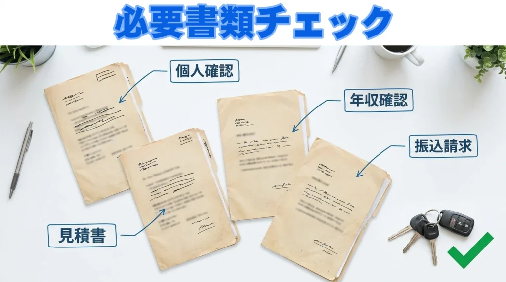 本人確認書類、見積書、年収確認書類、振込依頼書をデスクにそろえた図