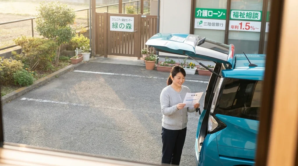 福祉施設近くの駐車場で車の書類を確認する日本人女性。
