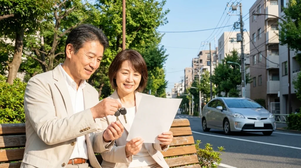 池袋の並木道を遠景にしたベンチで車のキーと見積書を確認する日本人夫婦