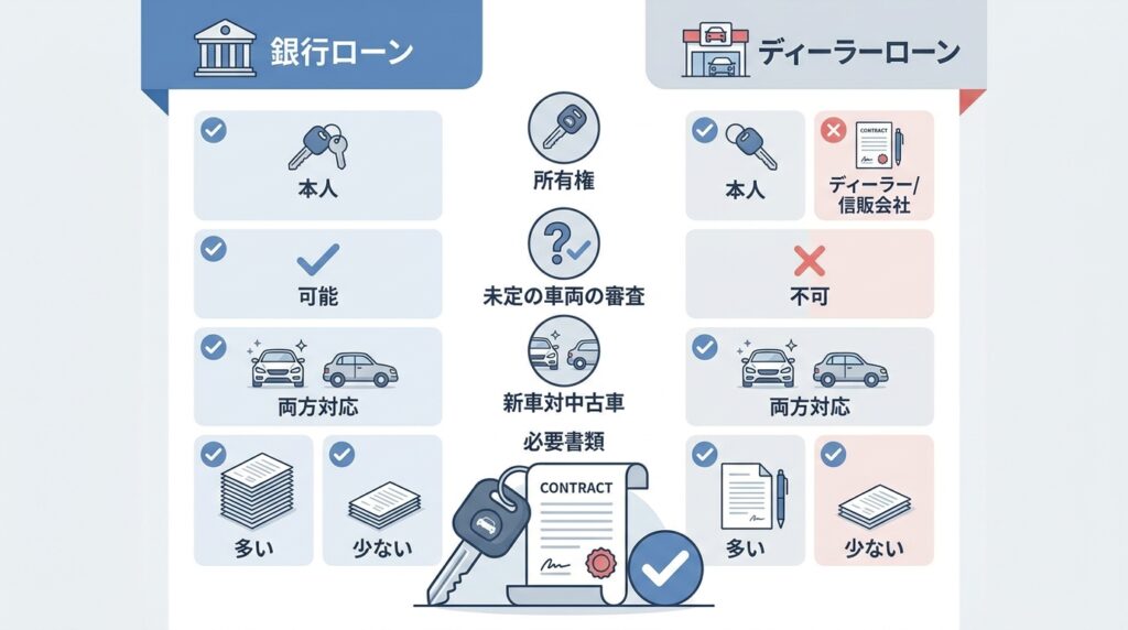 トマト銀行マイカーローンとディーラーローンの違いを比較する図解