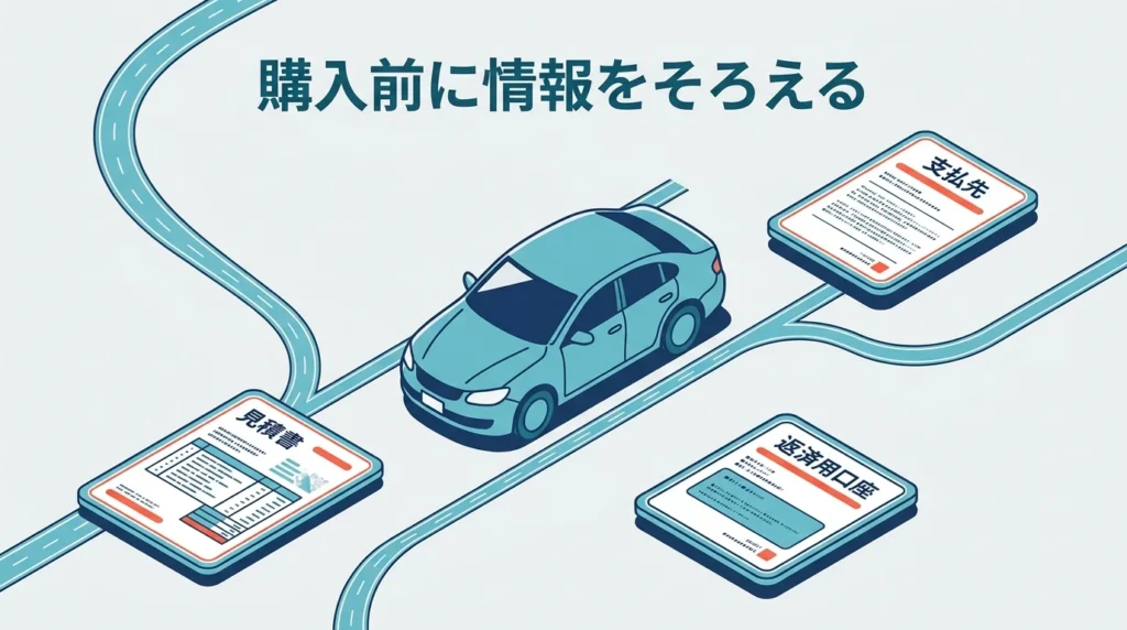 東濃信用金庫WEB完結型カーライフプランで確認する車両購入、見積書、振込先の関係を示す図解