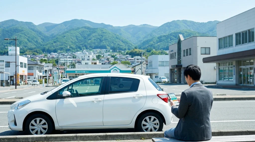 盛岡の街並みを背景に車の購入計画をスマートフォンで確認する人