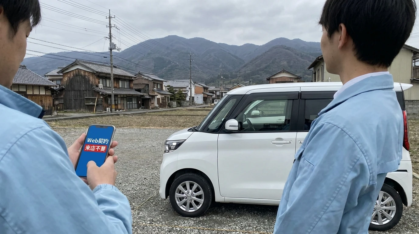 福島の街並みを背景にスマートフォンで車購入を確認する人
