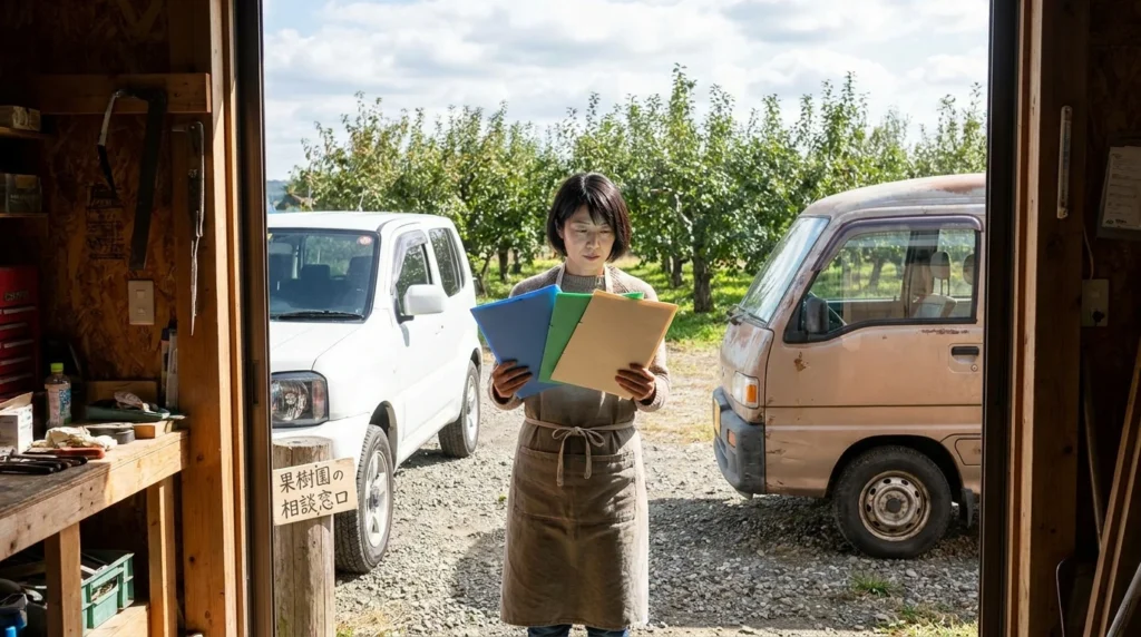 作業場の前で二台の車と書類フォルダを確認する日本人の成人女性
