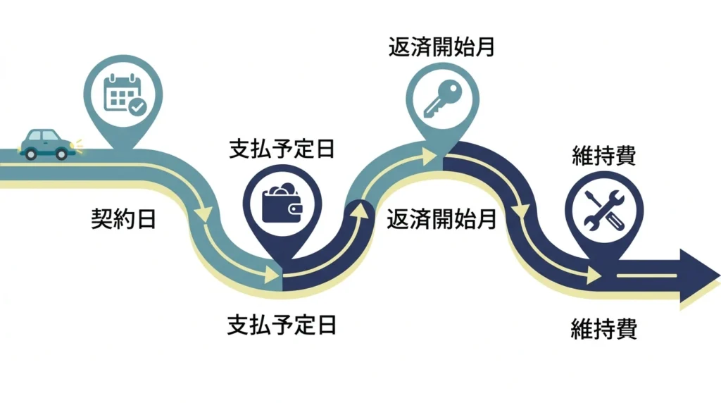 車の契約日、支払予定日、返済開始月を確認する日本語図解