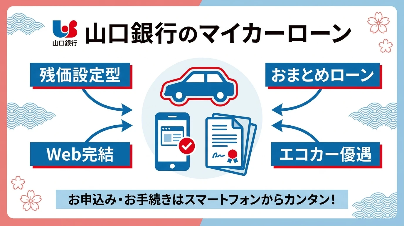 山口銀行マイカーローンの残価設定借換、おまとめ、ウェブ完結、エコカー優遇をまとめた図解