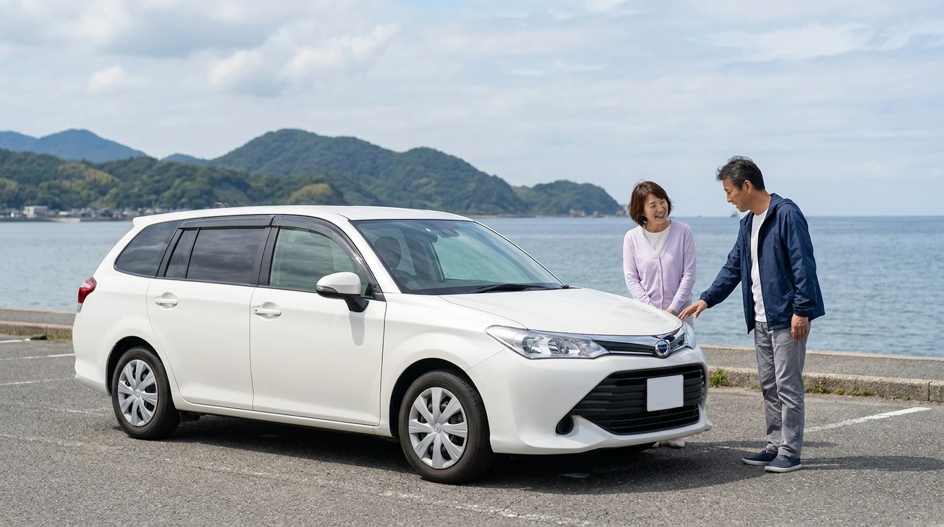 米子の海辺の駐車スペースで白いステーションワゴンを前にカーライフの計画を話す日本人夫婦