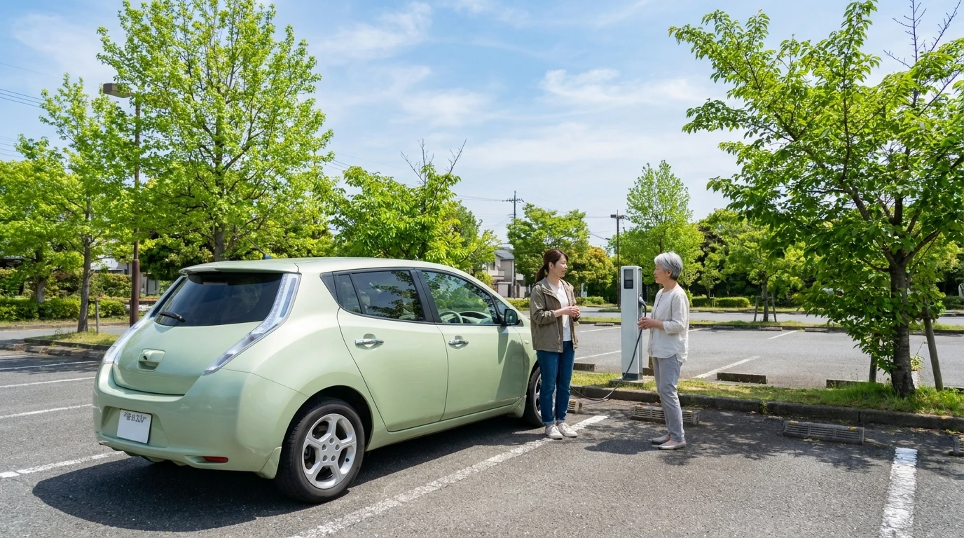 明るい商業施設駐車場で緑色の電気自動車と充電設備のそばに立つ日本人成人女性二人