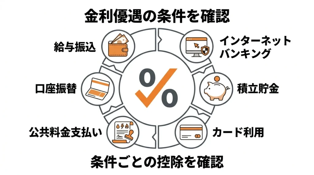 給与振込、インターネットバンキング、積立、カード、公共料金の取引条件を確認する金利優遇の図