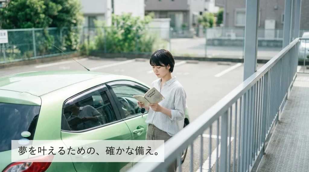 教習所の駐車スペースで車と教習手帳を確認する日本人の成人女性。