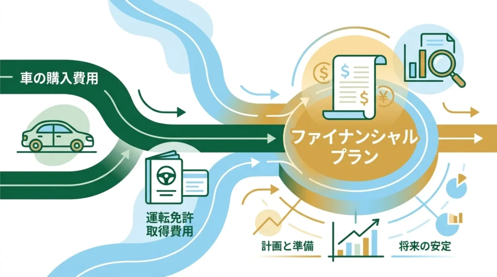 車両購入費用と免許取得費用を一つの計画にまとめる日本語図解