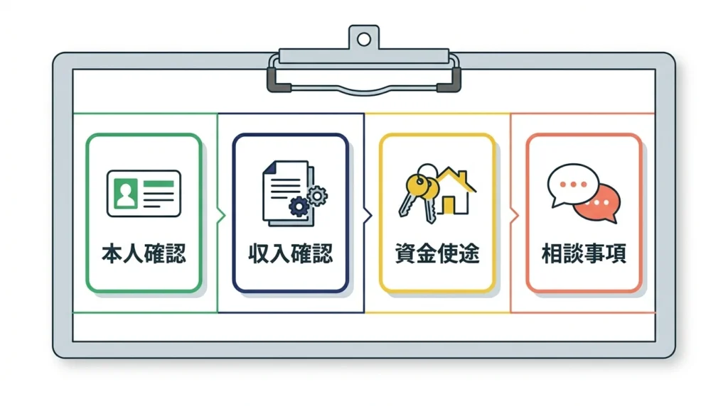 申込み相談前に確認する四種類の資料を示す日本語図解